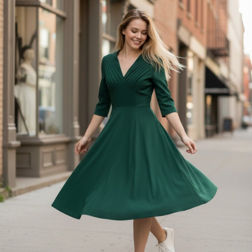 Size 12 Elegant V-Neck Green Midi Dress with Three-Quarter Sleeves